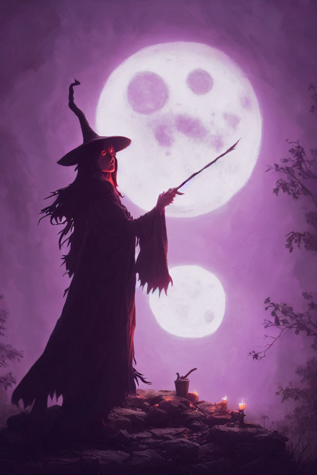 Silhouetted witch with pointed hat, triple-moon backdrop, wand, crow, and candles