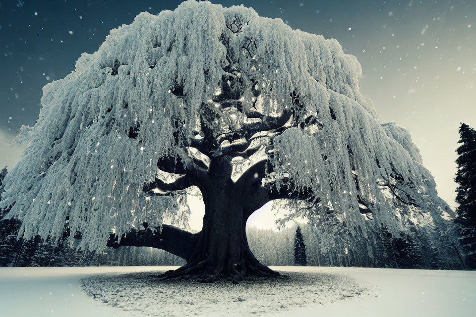 Snow-covered weeping willow tree in serene winter landscape