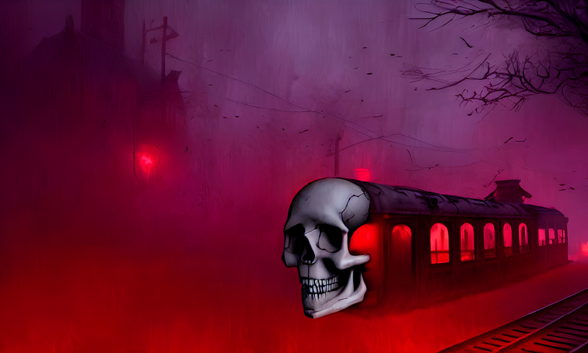 Skull Overlaps Train Illustration in Eerie Setting