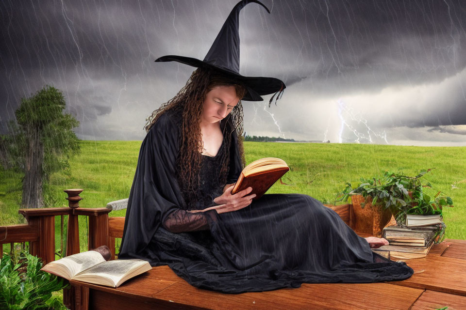 Person in witch costume reading book outdoors during storm.