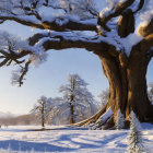 Snow-covered tree in serene snowy landscape under warm sunlight
