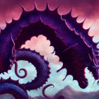 Purple dragon with serpentine coils, wings, and horns in dramatic sky