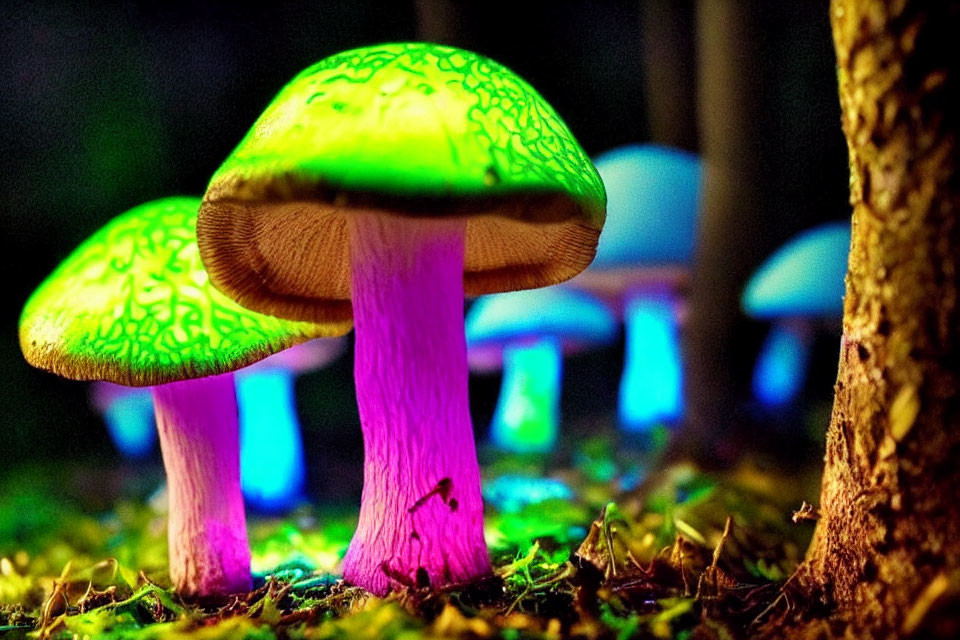 Colorful Neon Mushrooms in Dark Forest