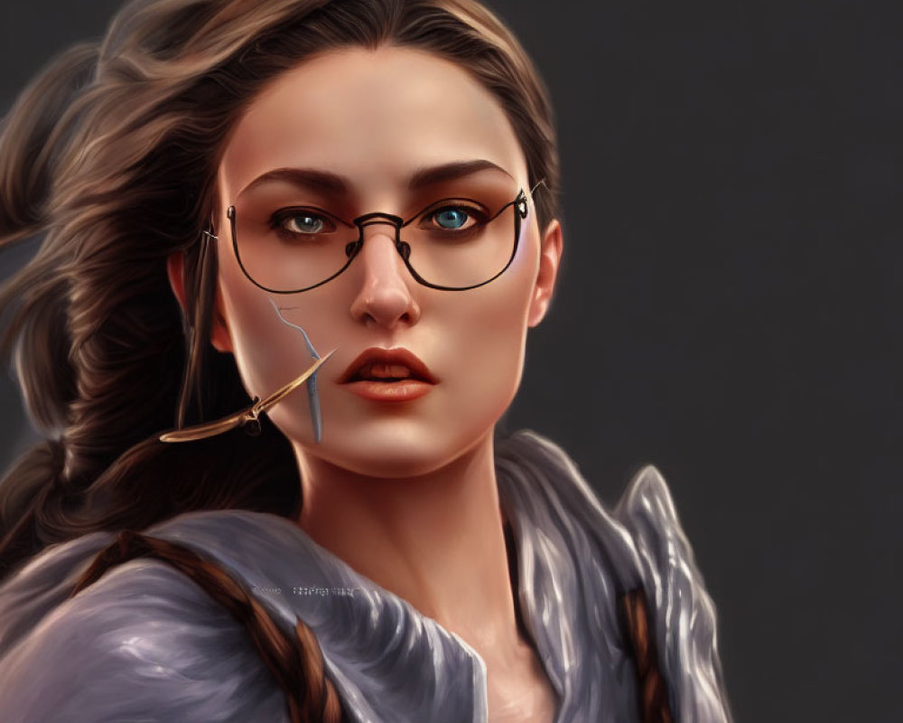Digital portrait of woman with brown hair and glasses, featuring a quill, gray blouse, and dark