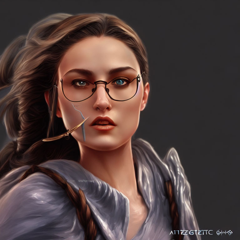 Digital portrait of woman with brown hair and glasses, featuring a quill, gray blouse, and dark