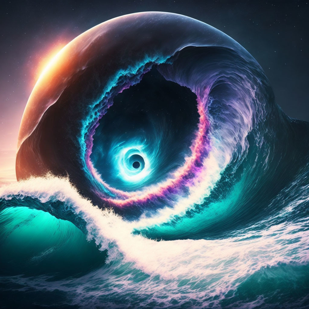 Surreal image: Massive wave with cosmic swirl in starry twilight.