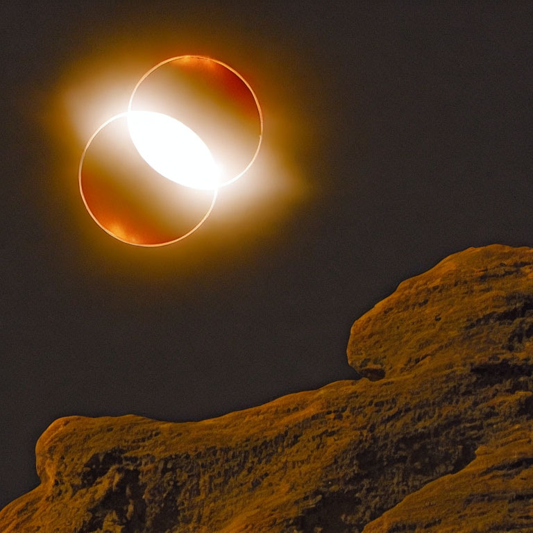 Solar eclipse behind rugged rock formation in darkened sky