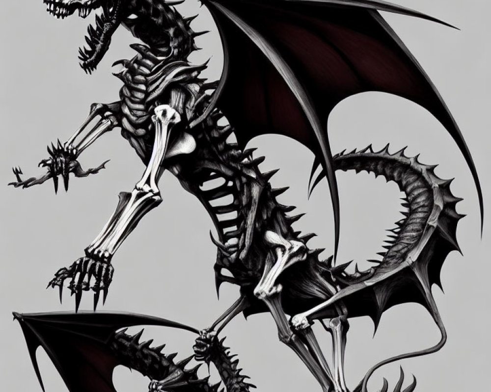 Detailed monochrome skeletal dragon illustration with expansive wings and sharp talons