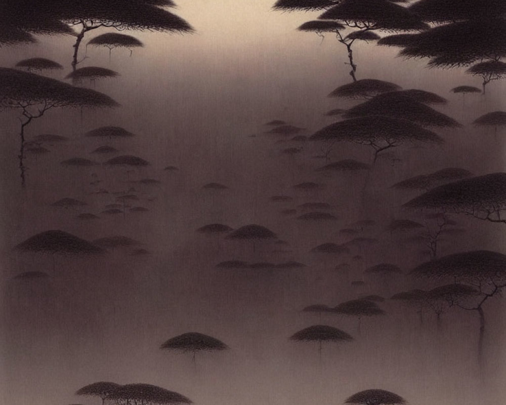 Monochrome landscape with stylized trees and misty background
