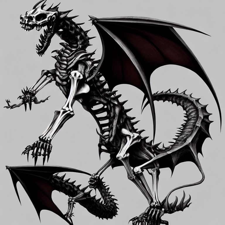 Detailed monochrome skeletal dragon illustration with expansive wings and sharp talons