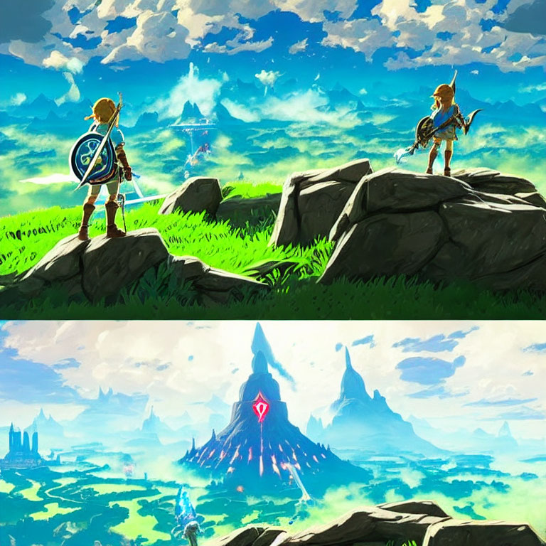 Character with sword and shield in video game overlooking vibrant landscape with volcano