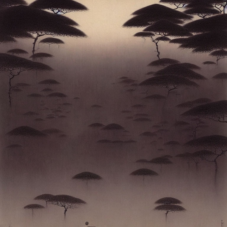 Monochrome landscape with stylized trees and misty background