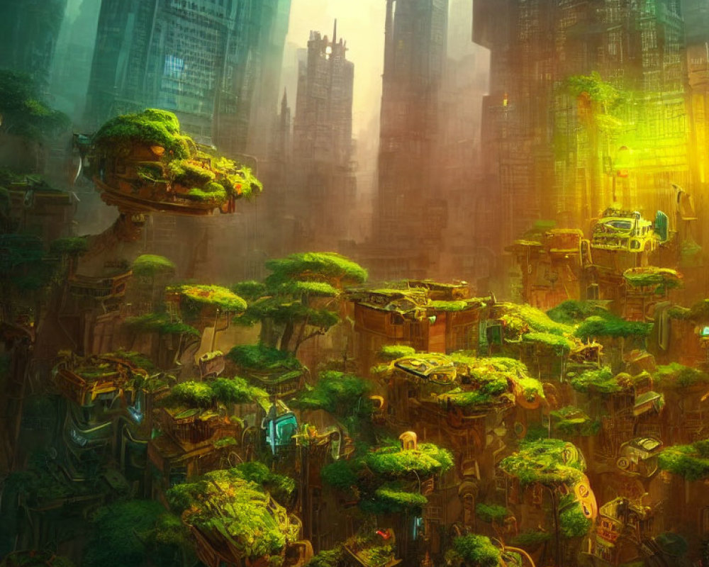 Futuristic cityscape featuring lush floating gardens and towering skyscrapers in warm sunlight