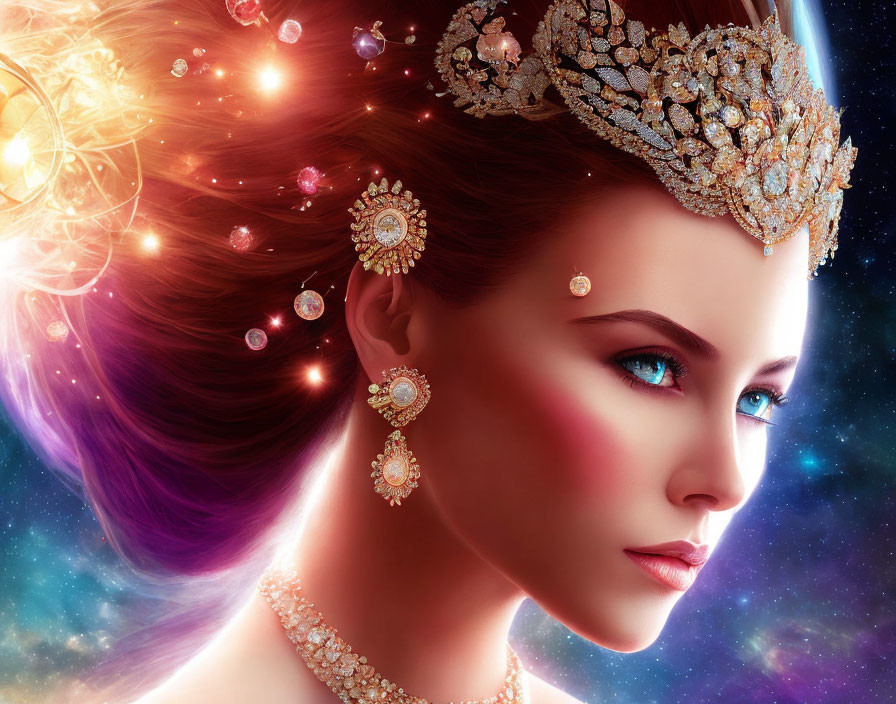 Digital art portrait of woman with cosmic-themed background and golden tiara, jewelry, radiant skin, blue