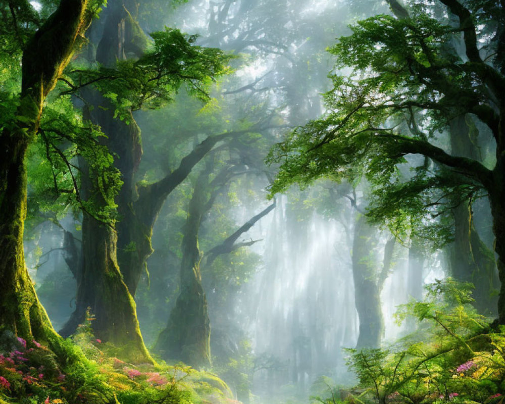 Misty forest with towering trees and pink flowers