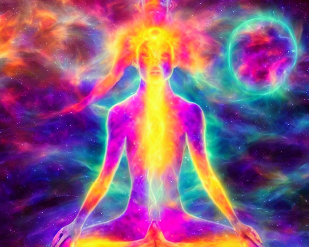 Colorful Meditation Pose with Aligned Chakras on Cosmic Background