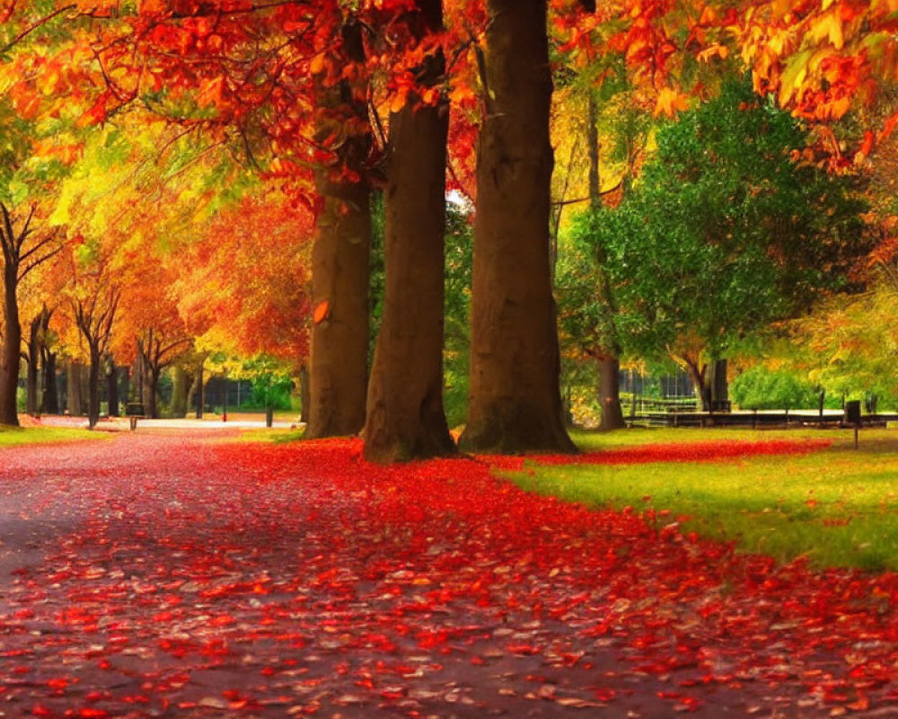 Colorful Autumn Park Scene with Red and Golden Foliage and Winding Pathway