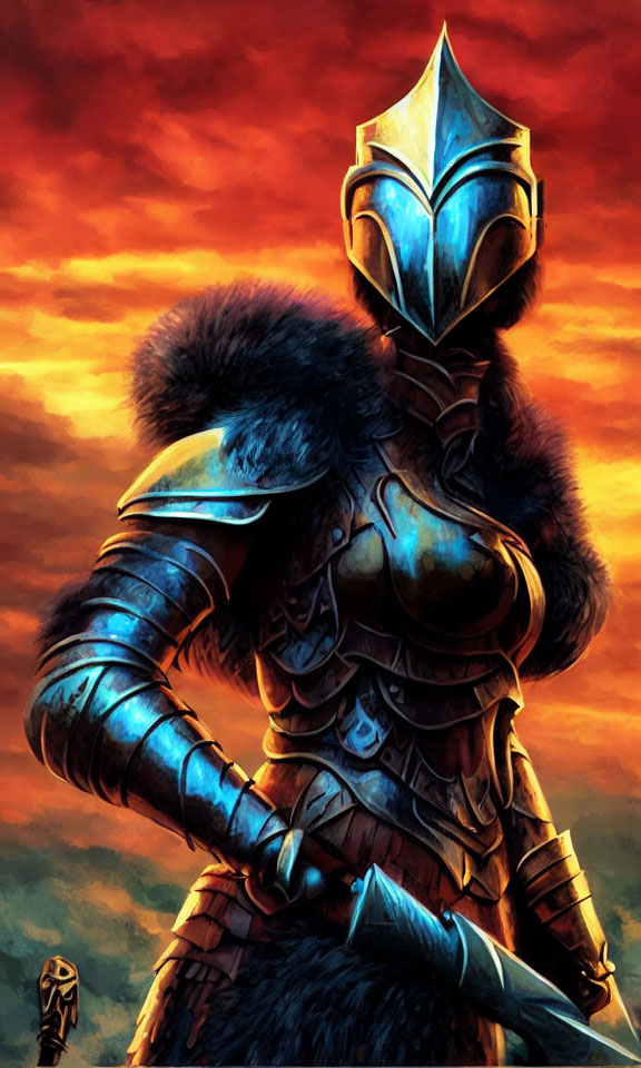 Knight in ornate armor against fiery sky in fantasy-style painting