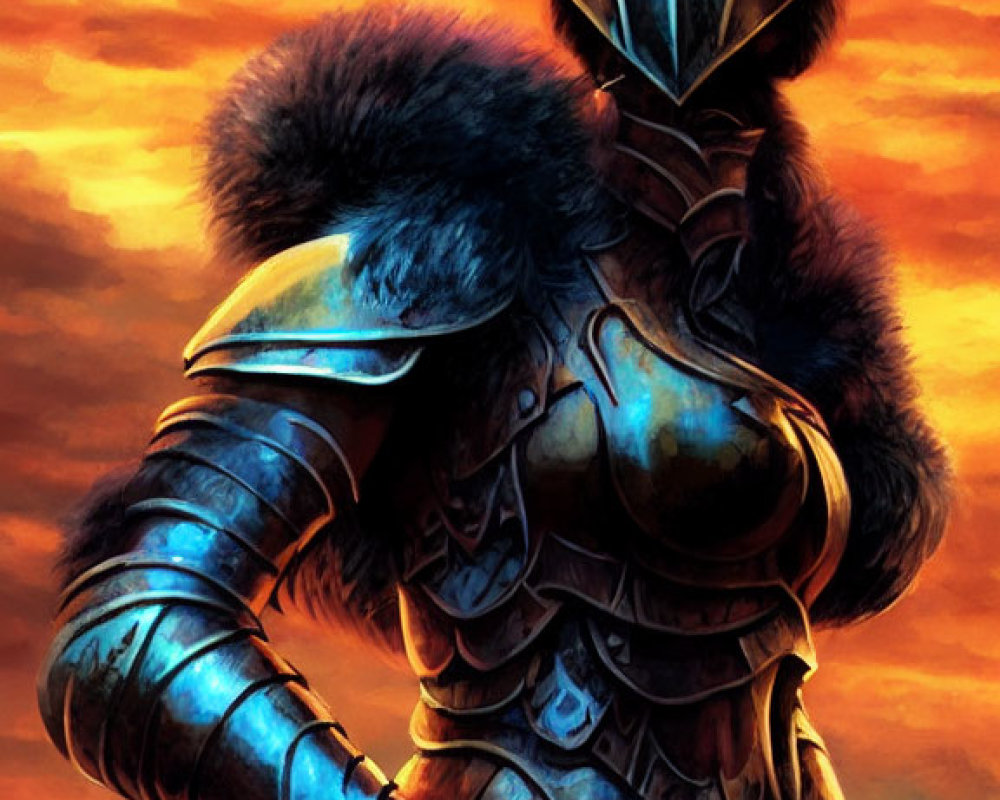 Knight in ornate armor against fiery sky in fantasy-style painting