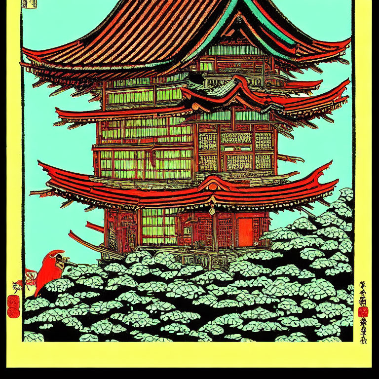 Stylized Asian pagoda illustration with rooster in red and green palette