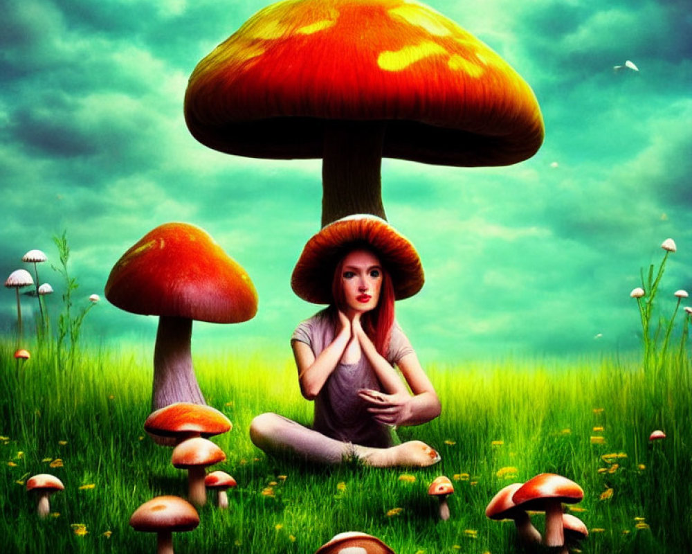 Woman meditating under giant mushroom in lush field