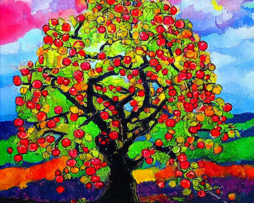 Colorful painting of whimsical tree with red fruits and heart-shaped void on rainbow landscape