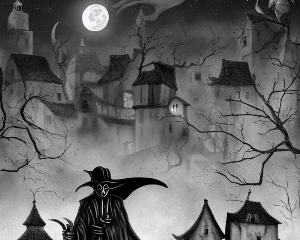 Monochrome illustration: Cloaked figure with scythe in medieval town under full moon