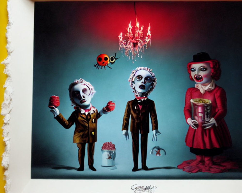 Stylized skull-faced figures in vintage attire under chandelier with popcorn and toy, red creature above