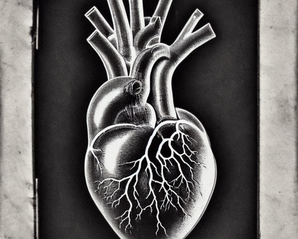 Detailed Black and White Human Heart Illustration