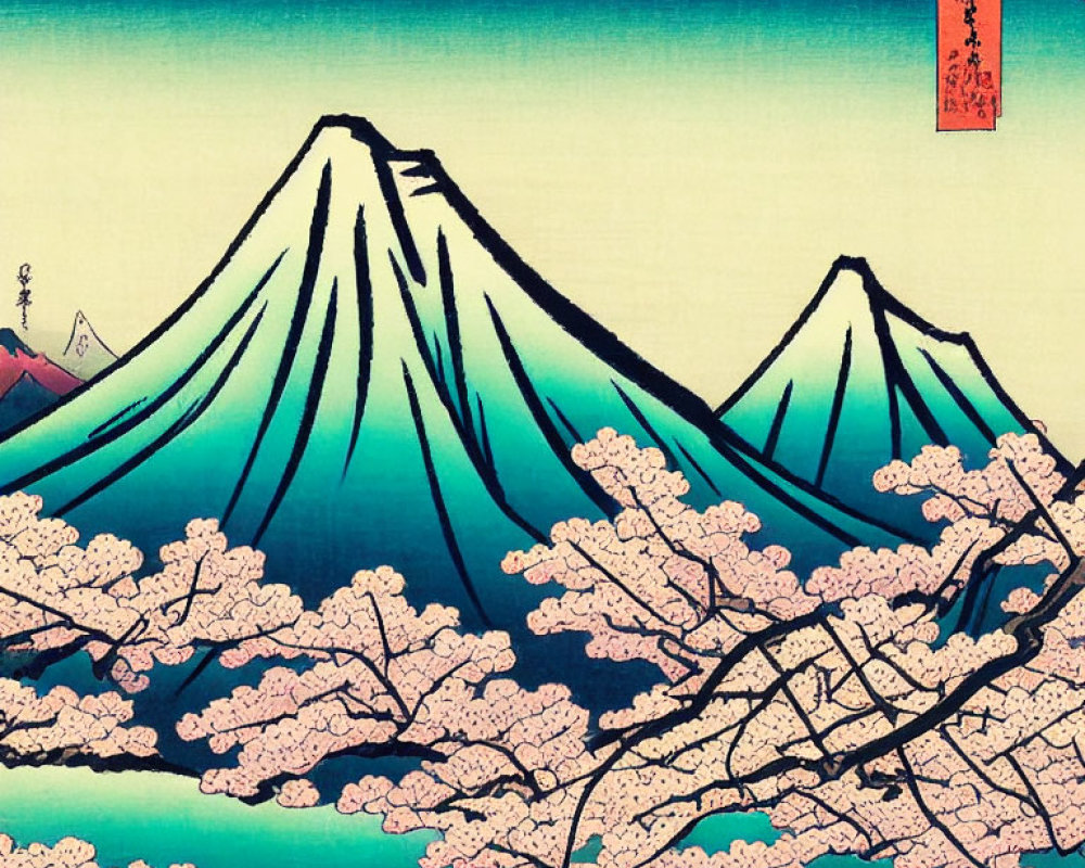 Japanese Woodblock Print: Mount Fuji, Cherry Blossoms, Blue Sky