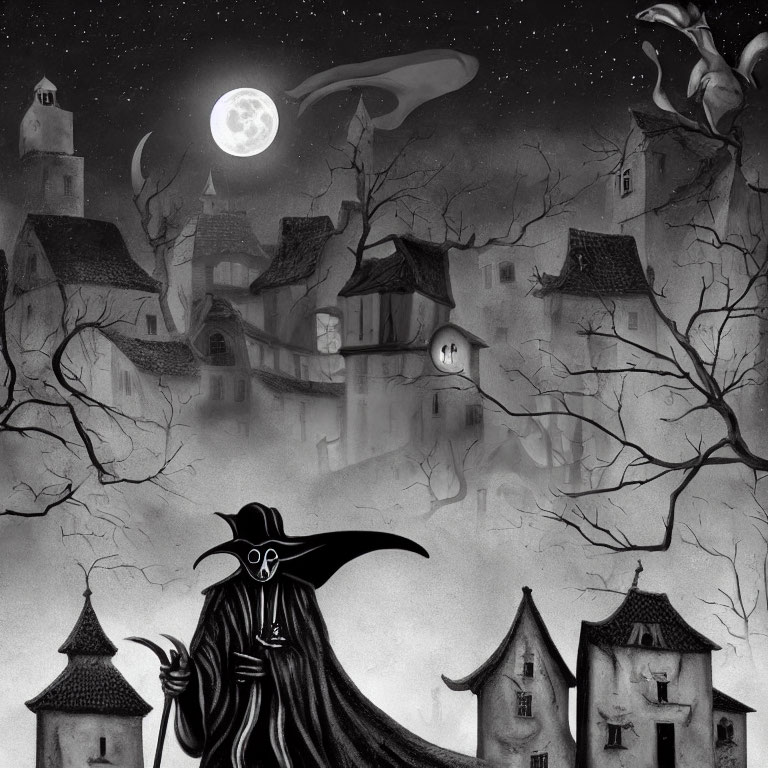 Monochrome illustration: Cloaked figure with scythe in medieval town under full moon