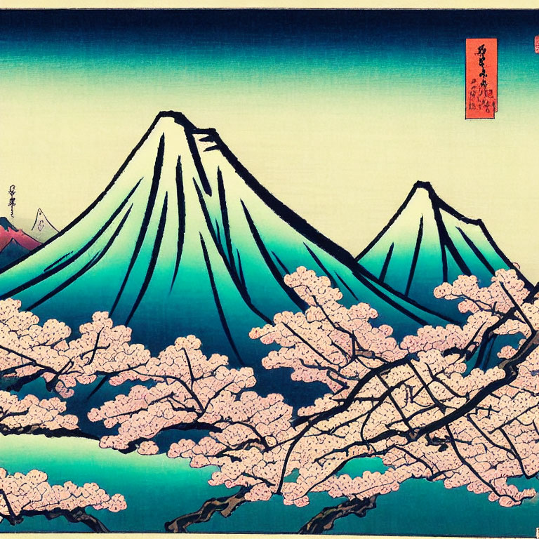Japanese Woodblock Print: Mount Fuji, Cherry Blossoms, Blue Sky