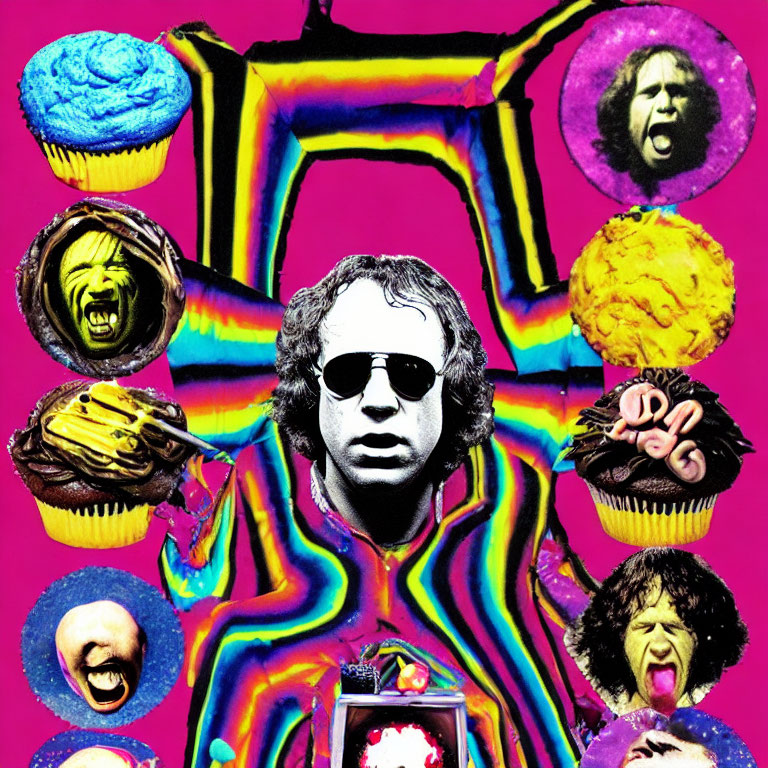 Vibrant psychedelic collage with central figure, sunglasses, expressive faces, cupcakes on pink background