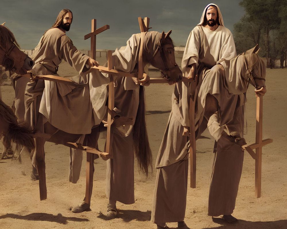 Men in historical robes on horseback with crosses in desert scene