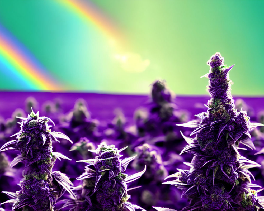 Purple cannabis plants under rainbow sky view.