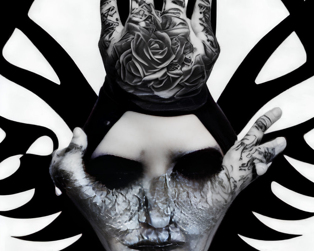 Monochrome artwork: Hand with rose tattoos on inkblot-style face.