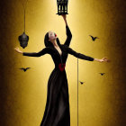 Surreal image of woman in black dress with arms transforming into two more women and bat above