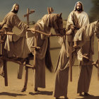 Men in historical robes on horseback with crosses in desert scene