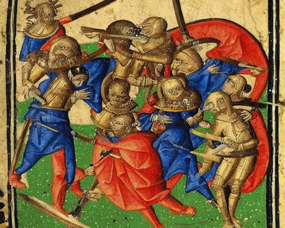 Medieval illustration of armored knights in combat with swords and axes