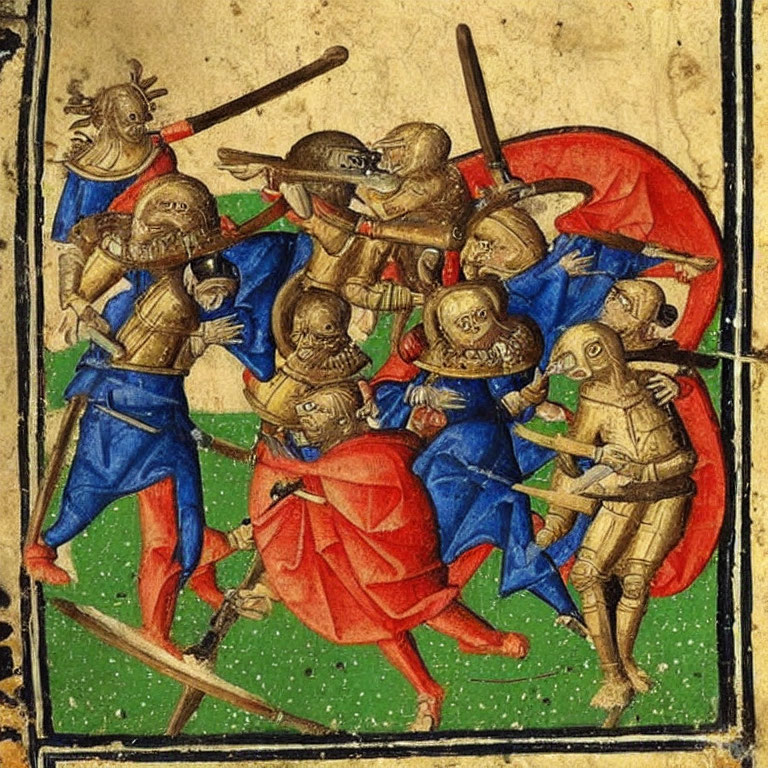 Medieval illustration of armored knights in combat with swords and axes