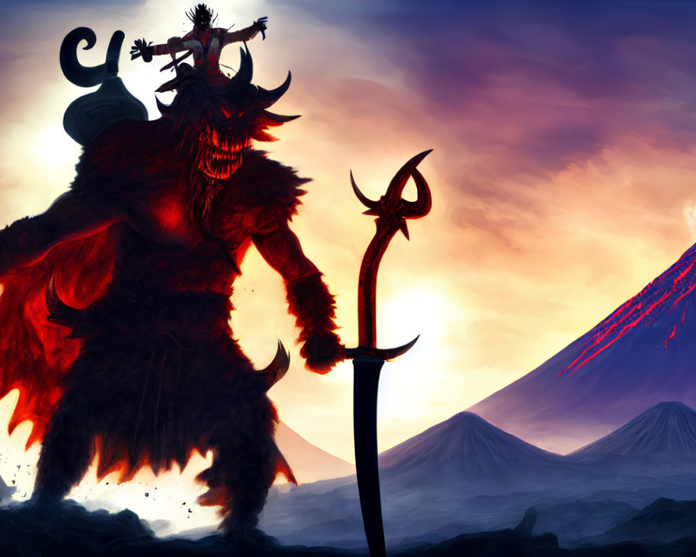 Horned creature with scythe in volcanic landscape