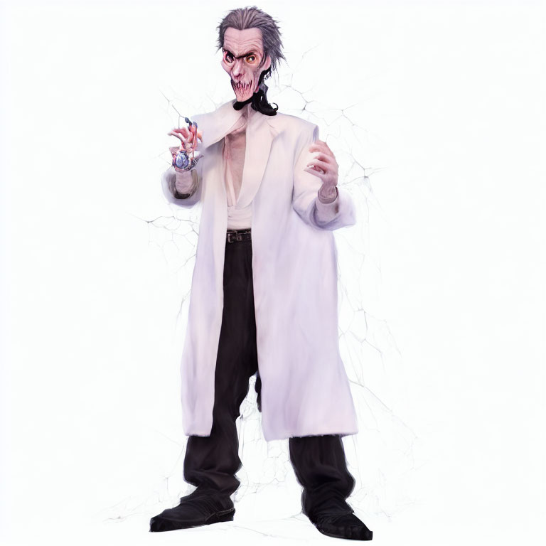 Menacing figure in lab coat with syringe & bow tie