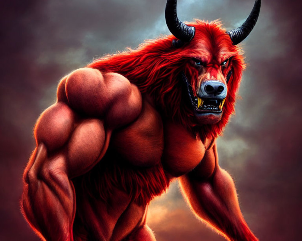 Muscular anthropomorphic bison with prominent horns in fiery backdrop
