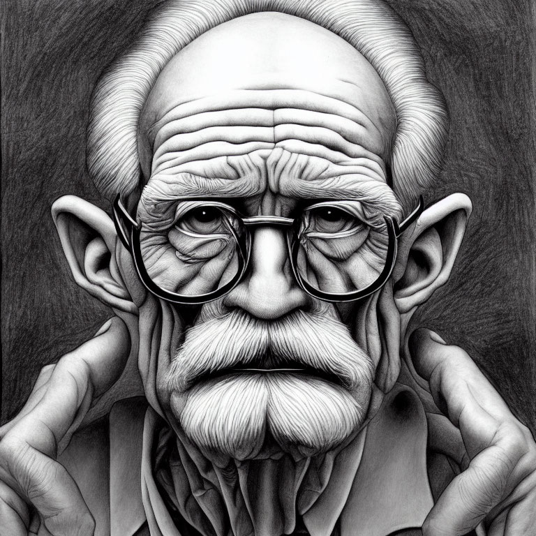 Monochrome drawing of elderly man with glasses and mustache