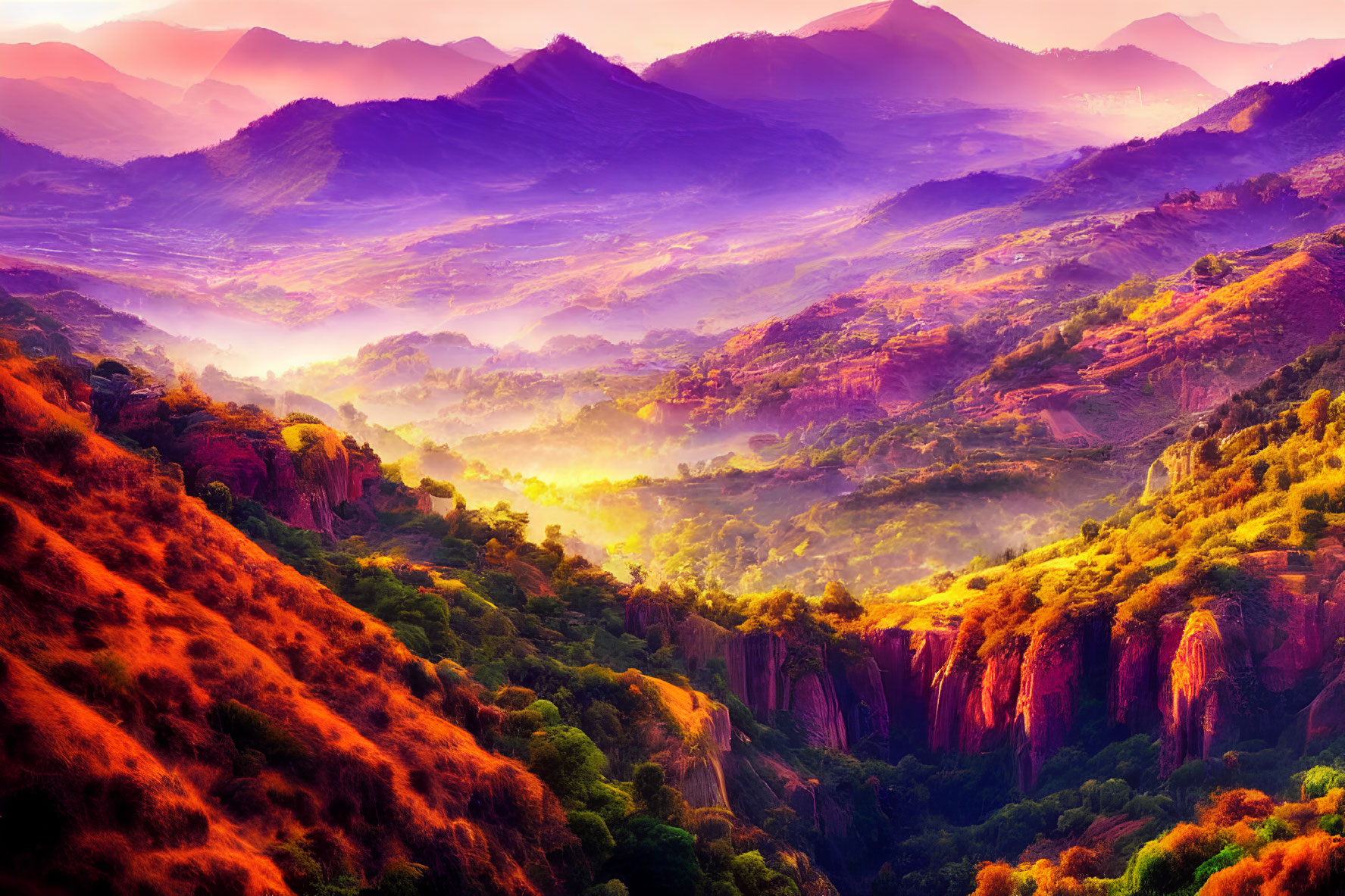 Scenic landscape with rolling hills and mist-filled valleys in warm purple and orange light