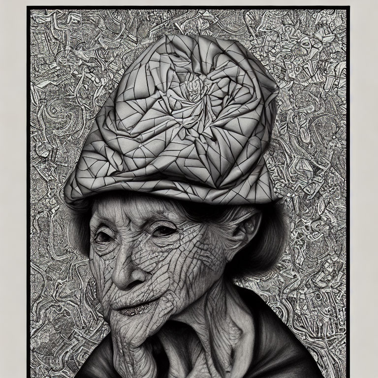 Detailed black and white drawing of elderly woman with textured hat and abstract background