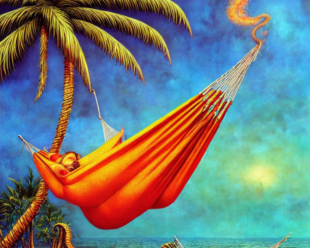 Person relaxing in orange hammock on beach with whimsical smoke trail