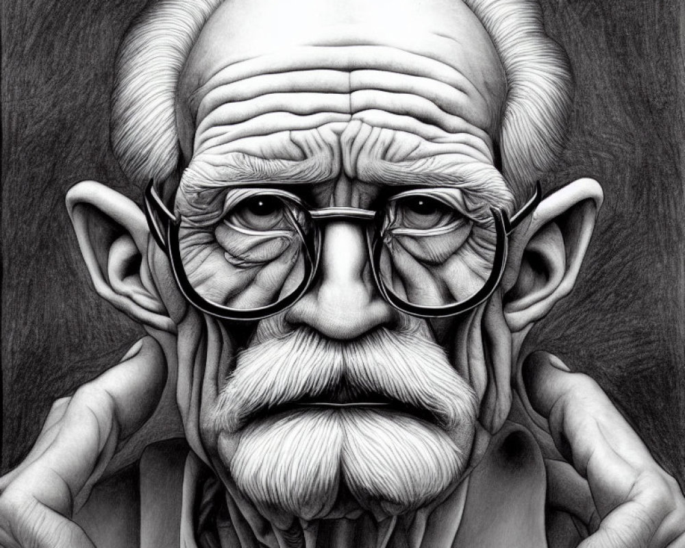 Monochrome drawing of elderly man with glasses and mustache
