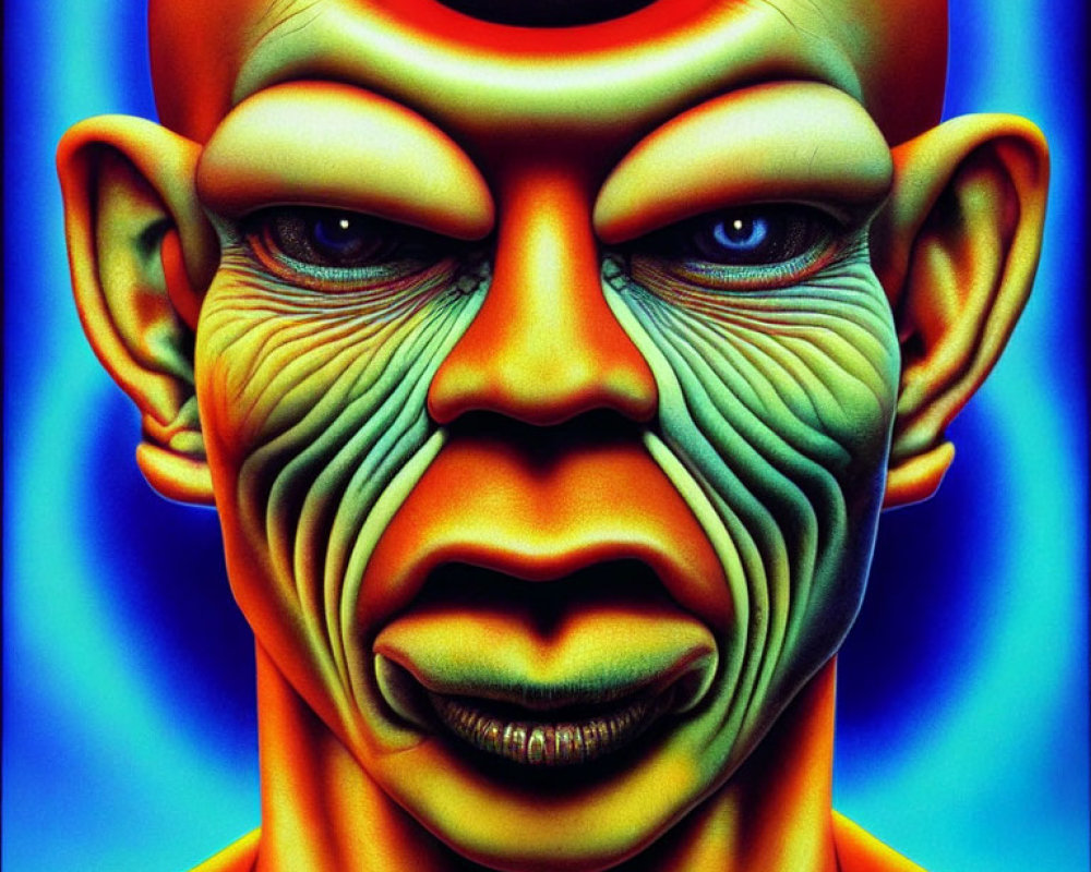 Colorful surreal portrait: Blue-faced figure with exaggerated features, orange neck, and third eye.