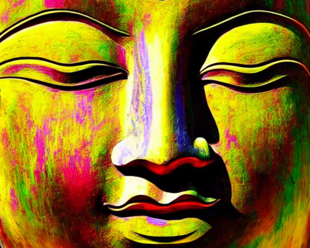 Colorful Buddha Statue with Serene Expression and Rainbow Patina